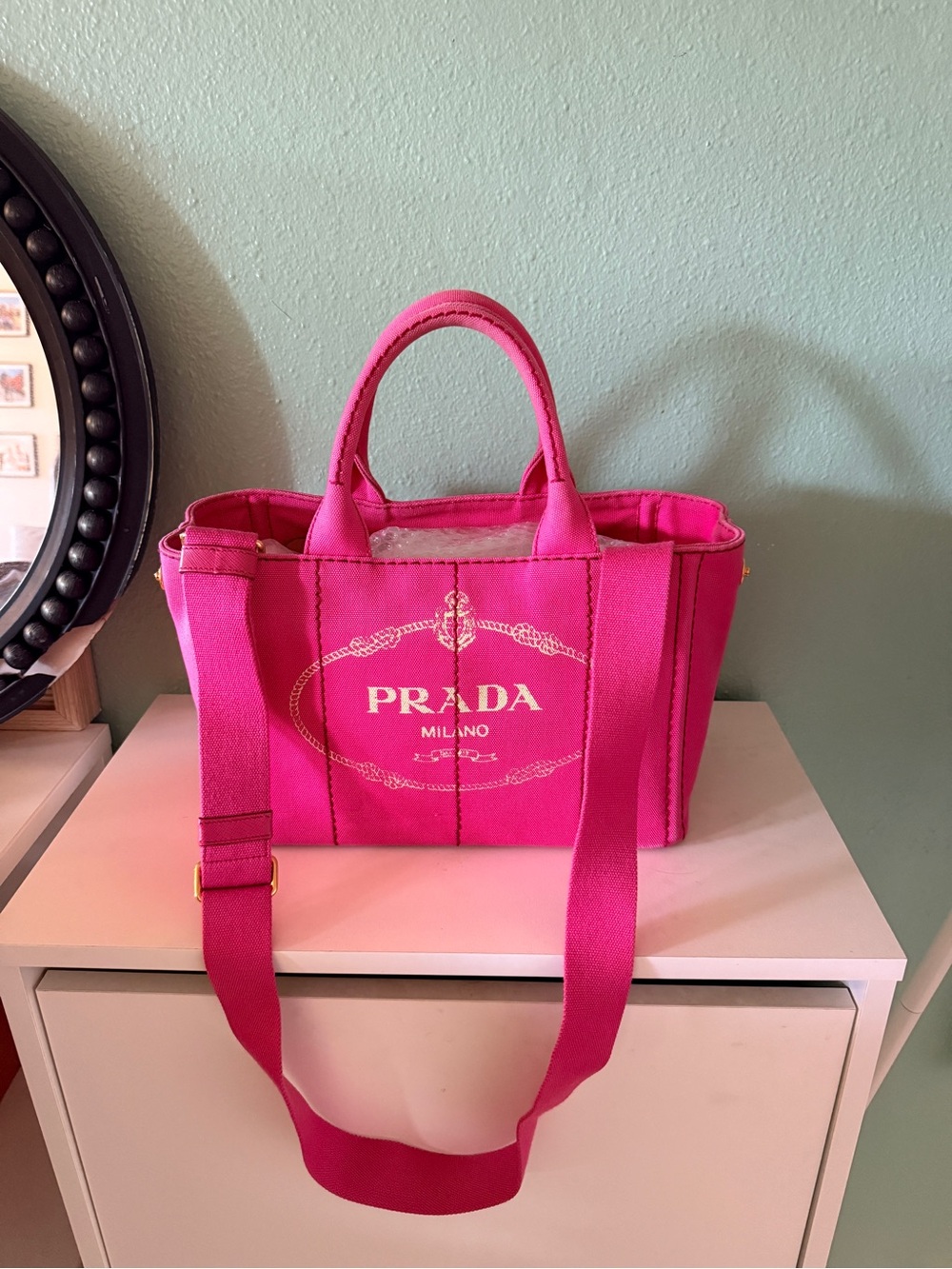 Prada Hot Pink Canvas Tote with White Logo